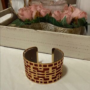 Brighton Gold-Tone Cuff Bracelet with Red Enamel Geometric Inlay